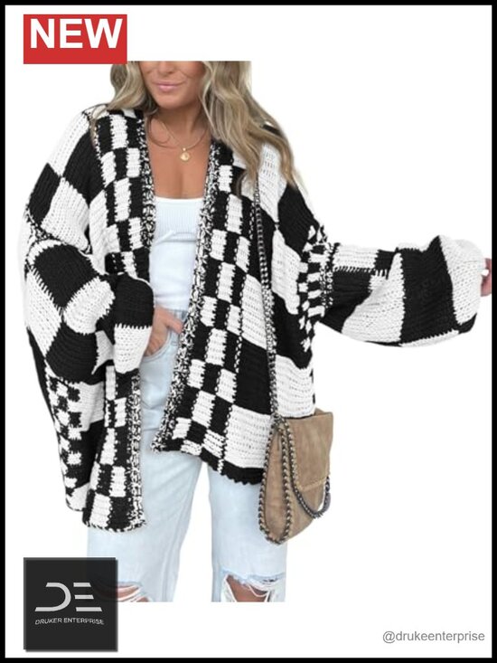 Sweaters - Open Front Chunky Knit Cardigan Sweater for Women Long Sleeve Checkered Coat